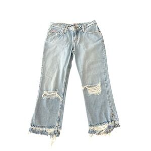 Mudd Vintage Y2K Distressed Light Wash Denim Jeans Size 5 Frayed Hem P01 (1005)